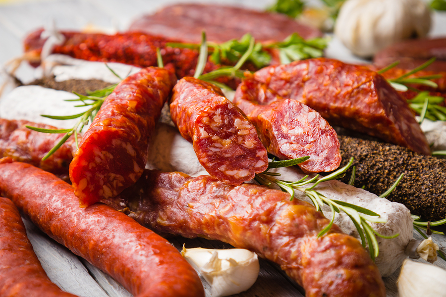 Cured pork and beef sausages served as tapas or antipasto cold b